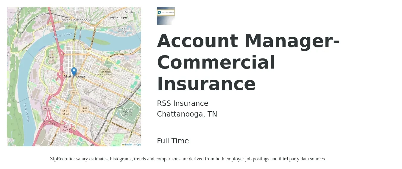 RSS Insurance job posting for a Account Manager- Commercial Insurance in Chattanooga, TN with a salary of $50,500 to $73,300 Yearly with a map of Chattanooga location.