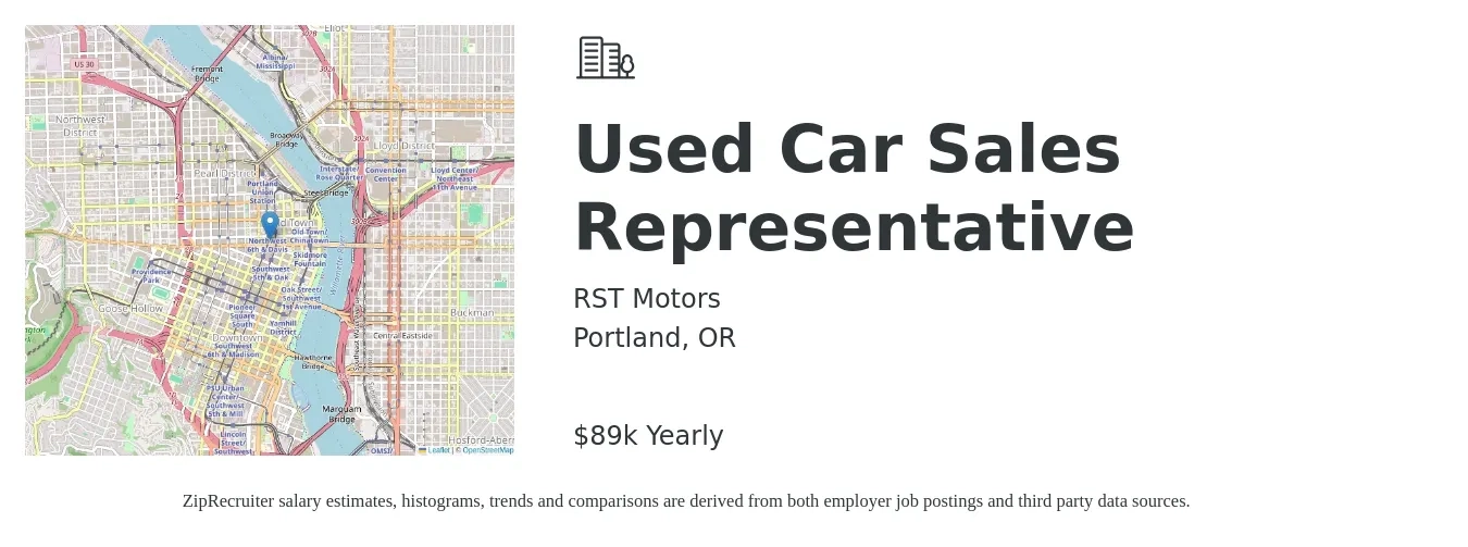 RST Motors job posting for a Used Car Sales Representative in Portland, OR with a salary of $89,000 Yearly with a map of Portland location.