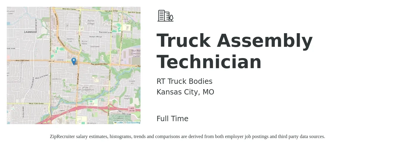 RT Truck Bodies job posting for a Truck Assembly Technician in Kansas City, MO with a salary of $20 to $27 Hourly with a map of Kansas City location.