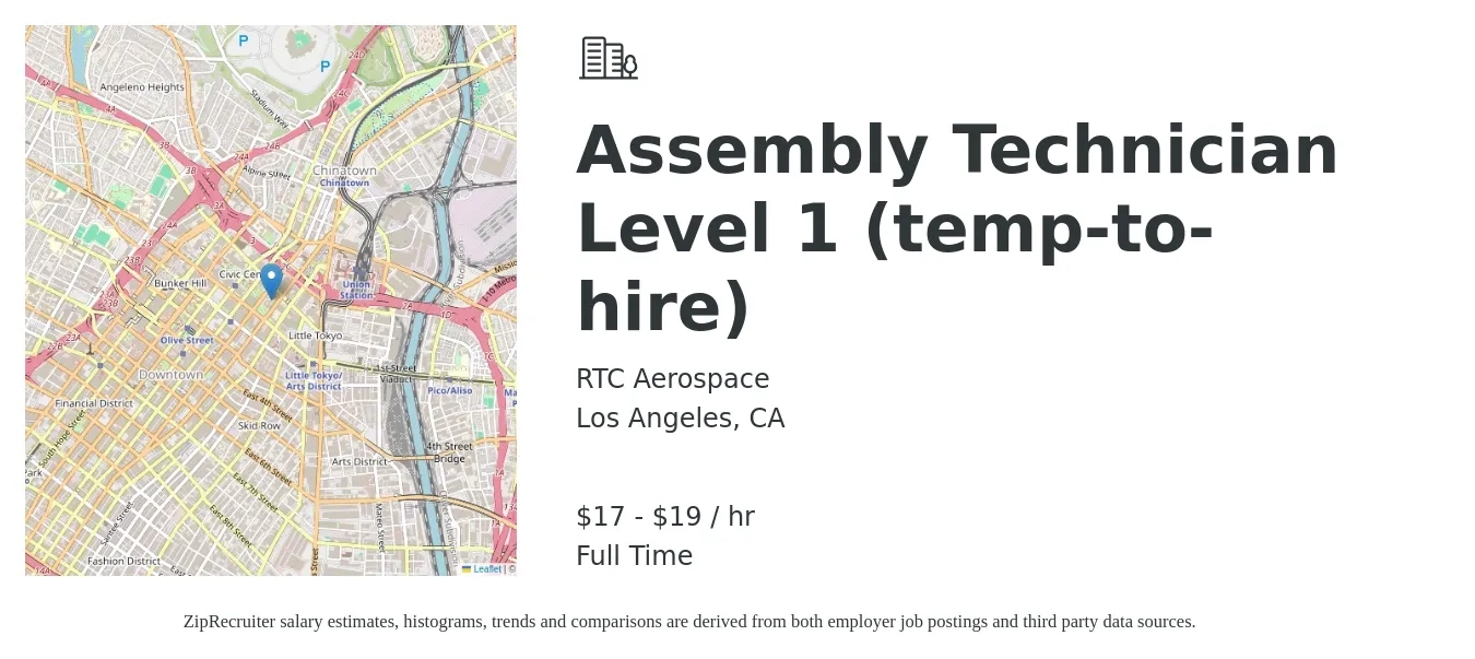 RTC Aerospace job posting for a Assembly Technician Level 1 (temp-to-hire) in Los Angeles, CA with a salary of $18 to $20 Hourly with a map of Los Angeles location.