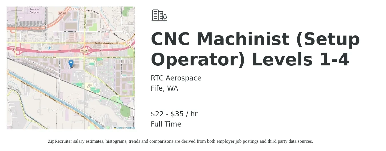 RTC Aerospace job posting for a CNC Machinist (Setup Operator) Levels 1-4 in Fife, WA with a salary of $23 to $37 Hourly with a map of Fife location.