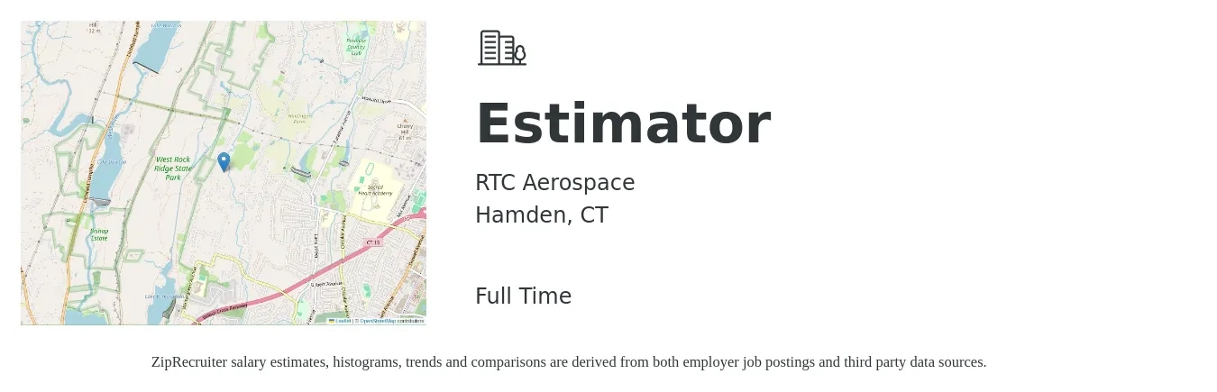 RTC Aerospace job posting for a Estimator in Hamden, CT with a salary of $52,700 to $86,000 Yearly with a map of Hamden location.