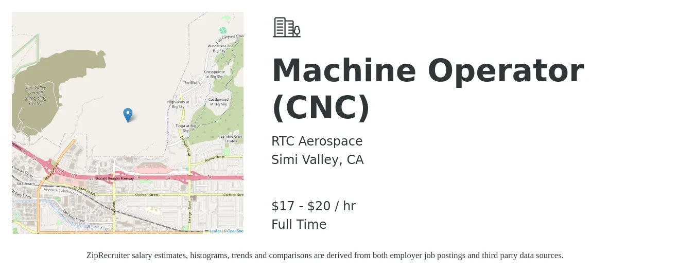 RTC Aerospace job posting for a Machine Operator (CNC) in Simi Valley, CA with a salary of $18 to $21 Hourly with a map of Simi Valley location.