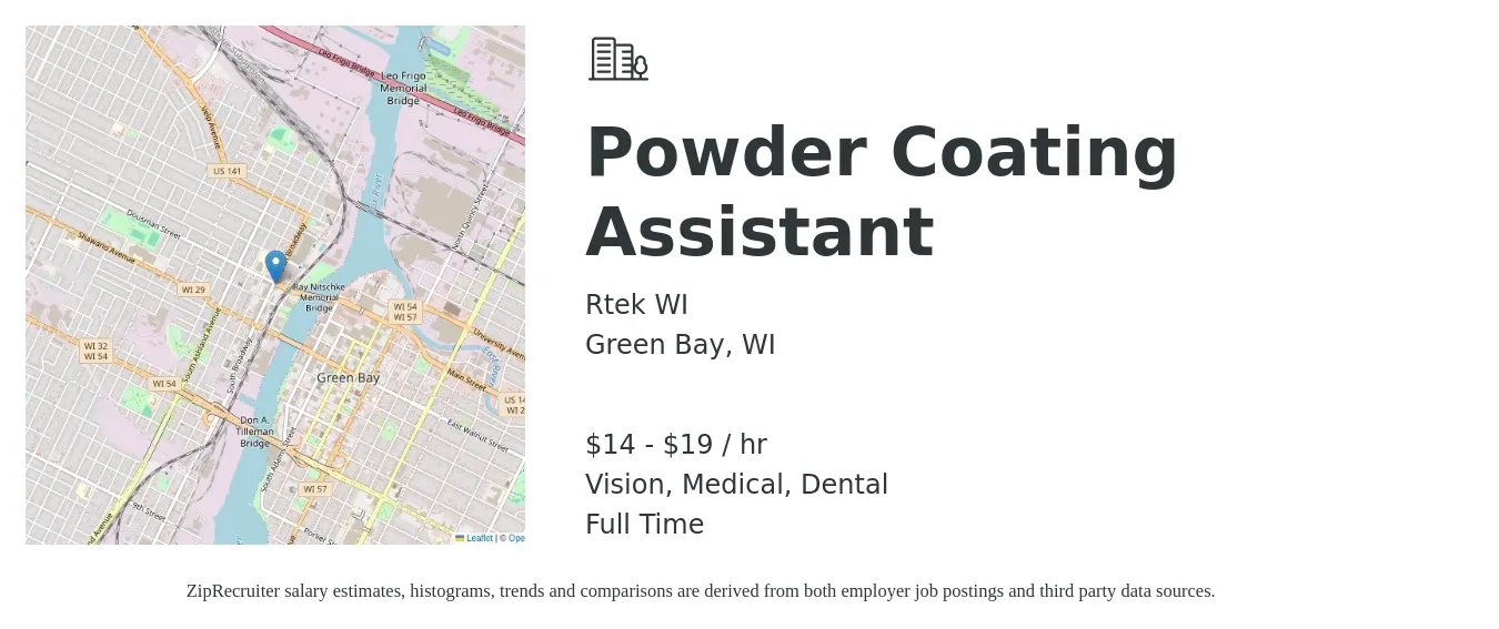 Rtek WI job posting for a Powder Coating Assistant in Green Bay, WI with a salary of $15 to $20 Hourly and benefits including dental, medical, retirement, and vision with a map of Green Bay location.