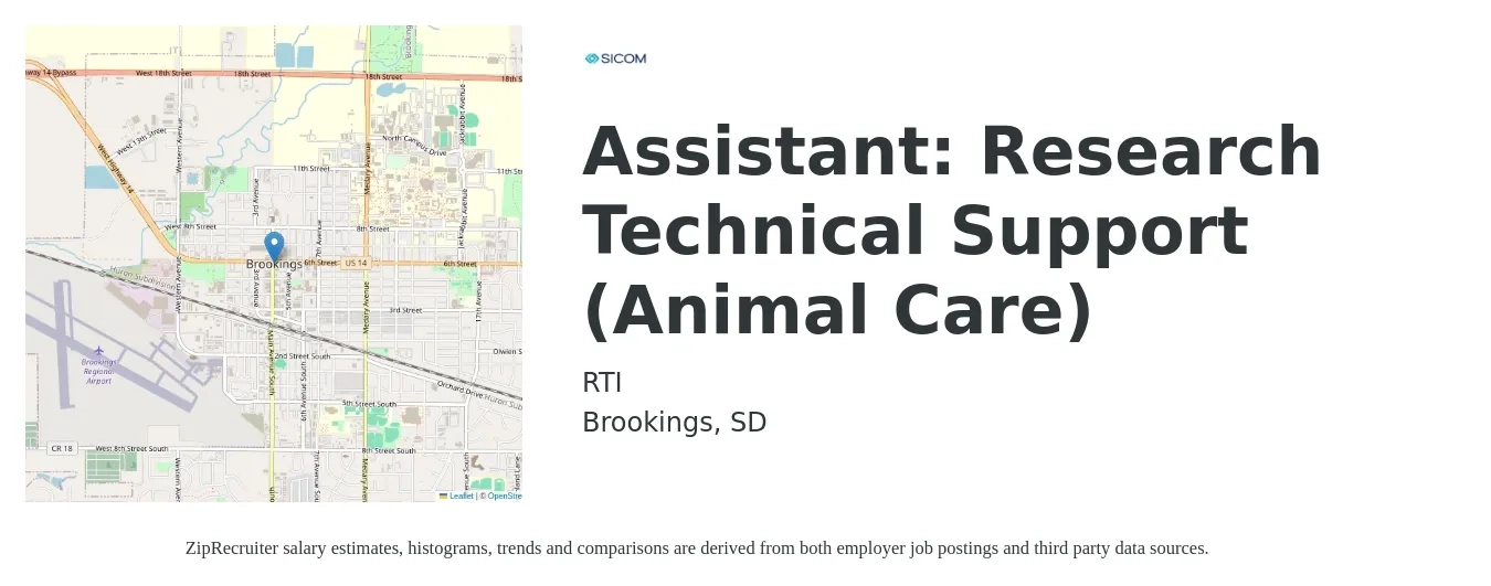 RTI job posting for a Assistant: Research Technical Support (Animal Care) in Brookings, SD with a salary of $34,500 to $40,500 Yearly with a map of Brookings location.