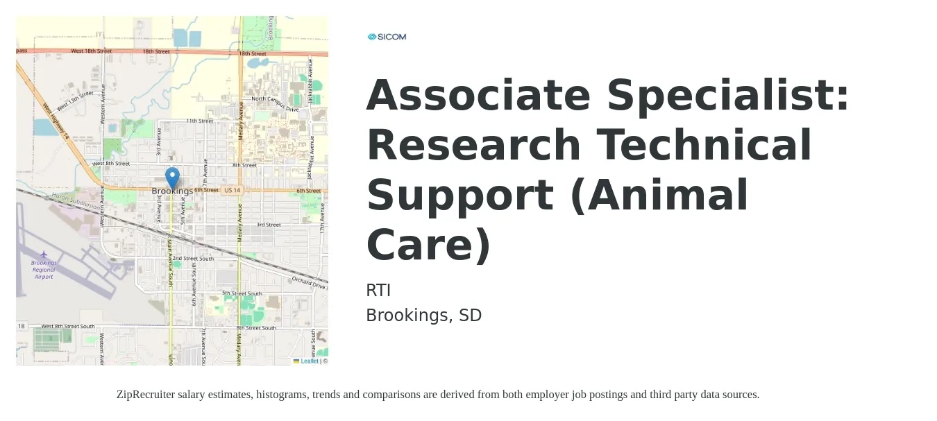 RTI job posting for a Associate Specialist: Research Technical Support (Animal Care) in Brookings, SD with a salary of $18 to $25 Hourly with a map of Brookings location.