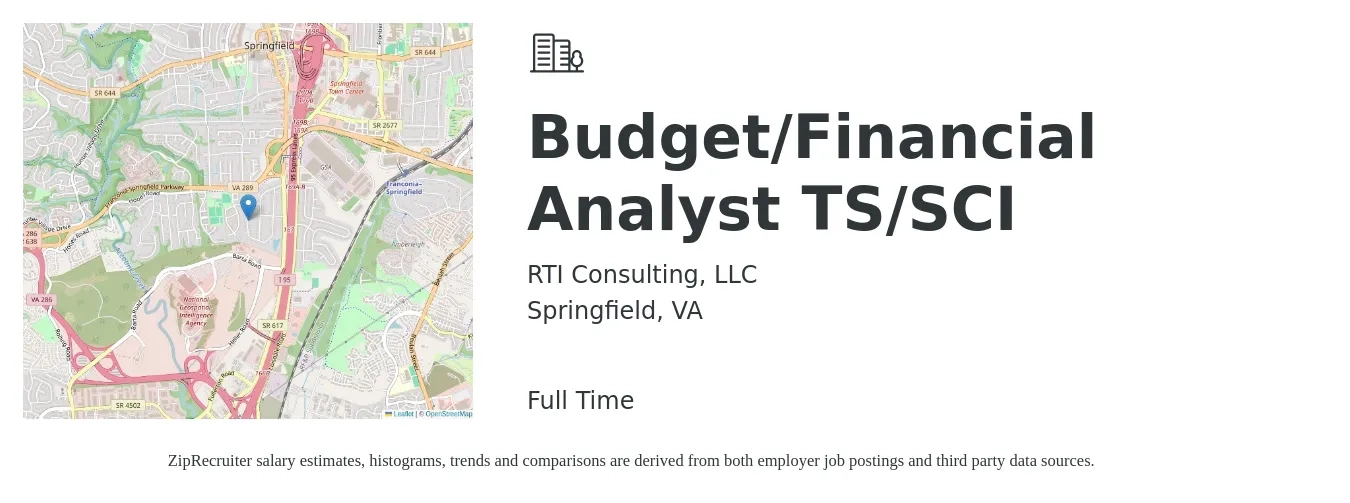 RTI Consulting, LLC job posting for a Budget/Financial Analyst TS/SCI in Springfield, VA with a salary of $73,200 to $115,600 Yearly with a map of Springfield location.