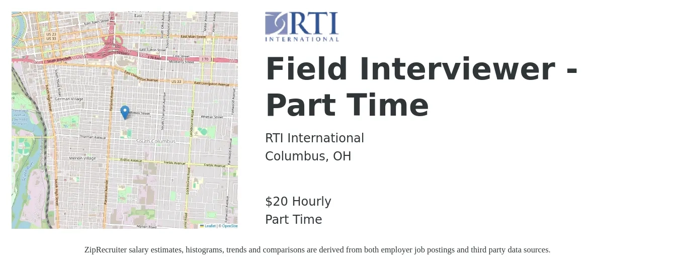 RTI International job posting for a Field Interviewer - Part Time in Columbus, OH with a salary of $21 Hourly with a map of Columbus location.