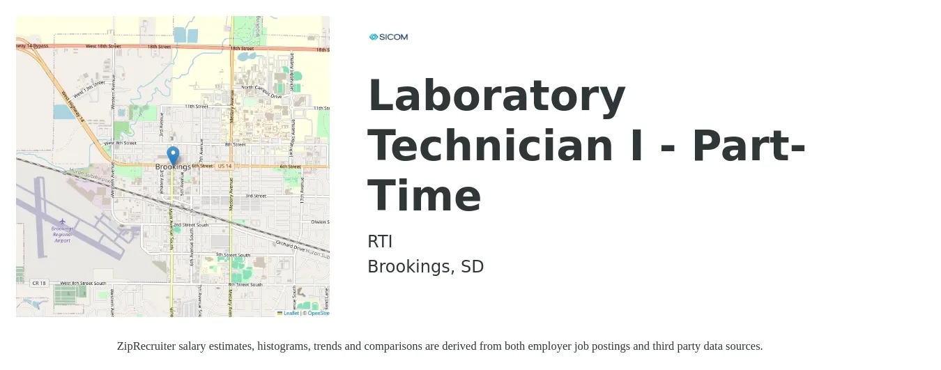 RTI job posting for a Laboratory Technician I - Part-Time in Brookings, SD with a salary of $18 to $23 Hourly with a map of Brookings location.