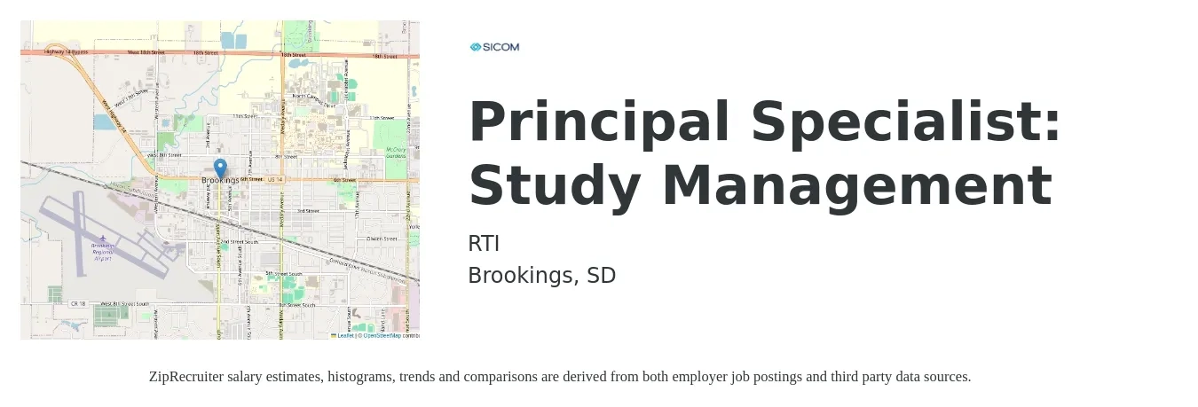 RTI job posting for a Principal Specialist: Study Management in Brookings, SD with a salary of $41,400 to $76,400 Yearly with a map of Brookings location.