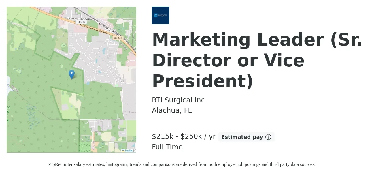 RTI Surgical Inc job posting for a Marketing Leader (Sr. Director or Vice President) in Alachua, FL with a salary of $215,000 to $250,000 Yearly with a map of Alachua location.