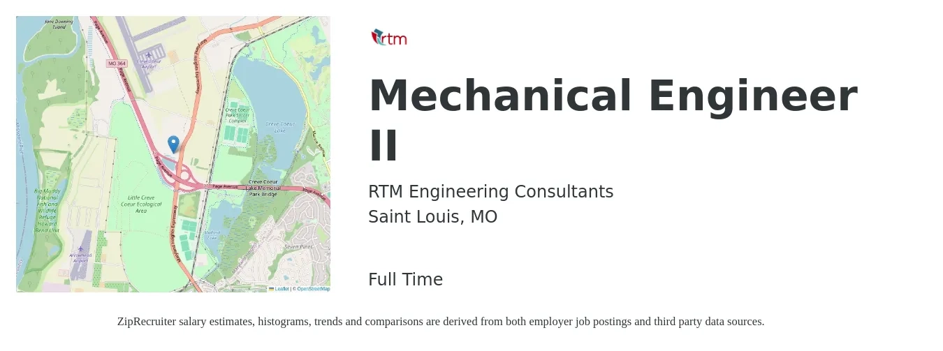 RTM Engineering Consultants job posting for a Mechanical Engineer II in Saint Louis, MO with a salary of $76,300 to $118,400 Yearly with a map of Saint Louis location.
