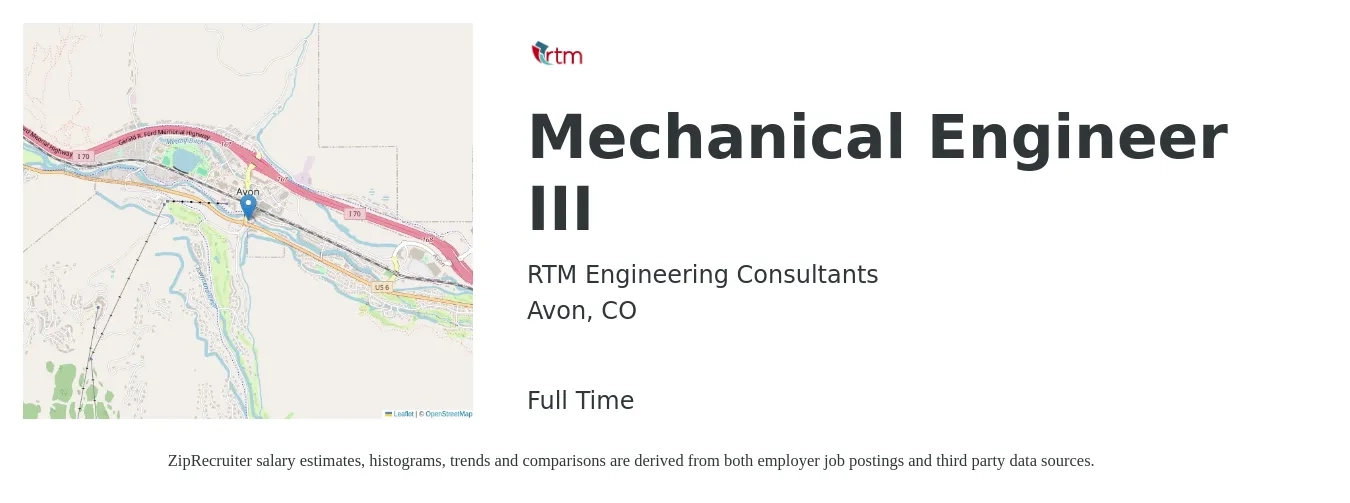 RTM Engineering Consultants job posting for a Mechanical Engineer III in Avon, CO with a salary of $92,200 to $143,200 Yearly with a map of Avon location.