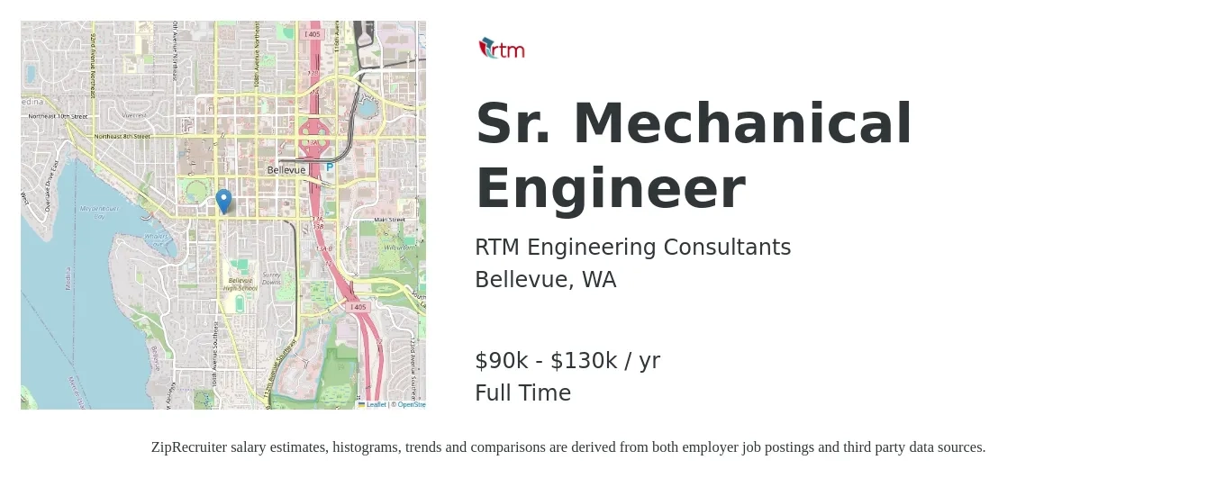 RTM Engineering Consultants job posting for a Sr. Mechanical Engineer in Bellevue, WA with a salary of $90,000 to $130,000 Yearly with a map of Bellevue location.