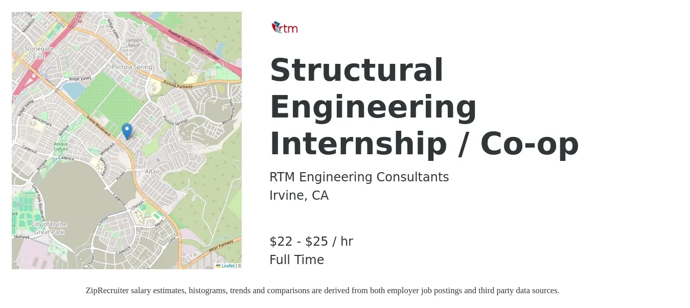 RTM Engineering Consultants job posting for a Structural Engineering Internship / Co-op in Irvine, CA with a salary of $23 to $26 Hourly with a map of Irvine location.