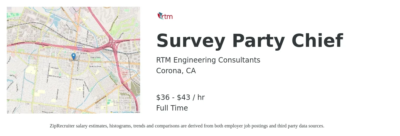RTM Engineering Consultants job posting for a Survey Party Chief in Corona, CA with a salary of $38 to $45 Hourly with a map of Corona location.