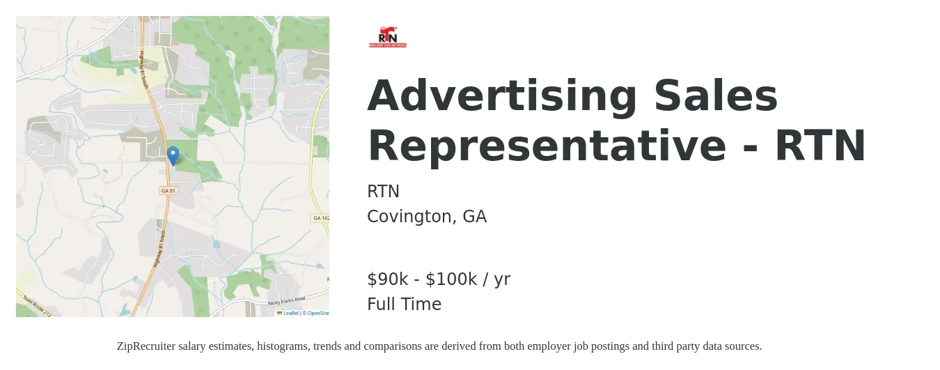 RTN job posting for a Advertising Sales Representative - RTN in Covington, GA with a salary of $90,000 to $100,000 Yearly with a map of Covington location.