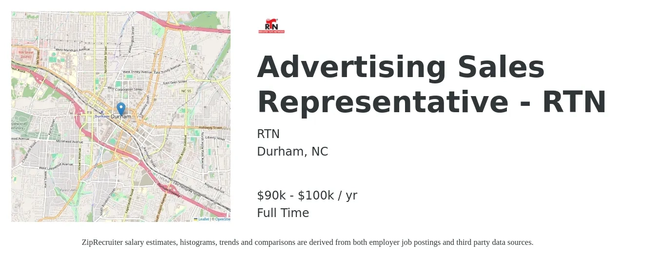 RTN job posting for a Advertising Sales Representative - RTN in Durham, NC with a salary of $90,000 to $100,000 Yearly with a map of Durham location.