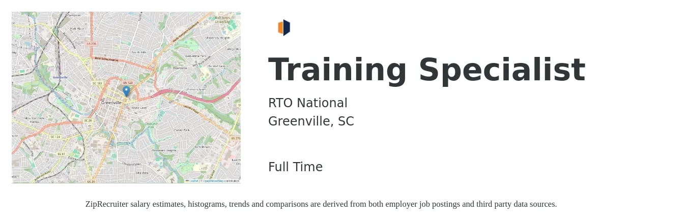 RTO National job posting for a Training Specialist in Greenville, SC with a salary of $53,600 to $78,000 Yearly with a map of Greenville location.
