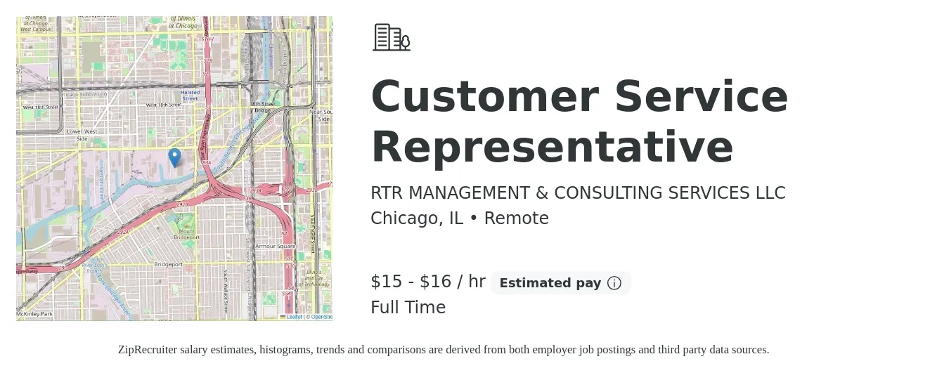 RTR MANAGEMENT & CONSULTING SERVICES LLC job posting for a Customer Service Representative in Chicago, IL with a salary of $16 to $18 Hourly with a map of Chicago location.