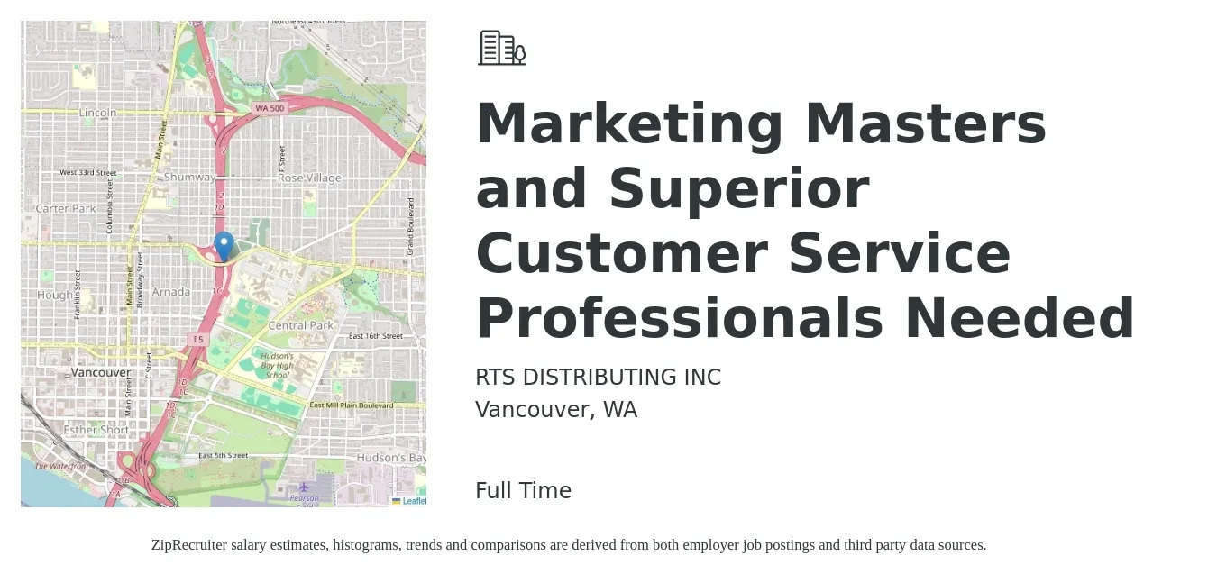 RTS DISTRIBUTING INC job posting for a Marketing Masters and Superior Customer Service Professionals Needed in Vancouver, WA with a salary of $700 to $1,500 Weekly with a map of Vancouver location.