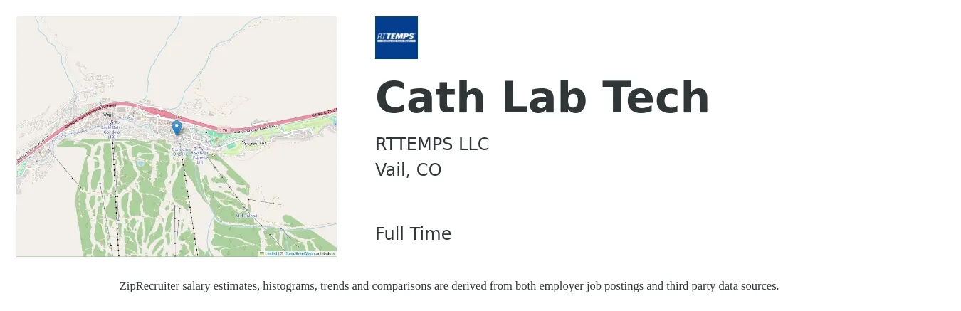 RTTEMPS LLC job posting for a Cath Lab Tech in Vail, CO with a salary of $2,575 Weekly with a map of Vail location.