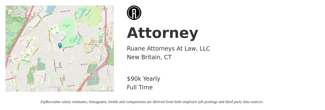 Ruane Attorneys At Law, LLC job posting for a Attorney in New Britain, CT with a salary of $90,000 Yearly with a map of New Britain location.