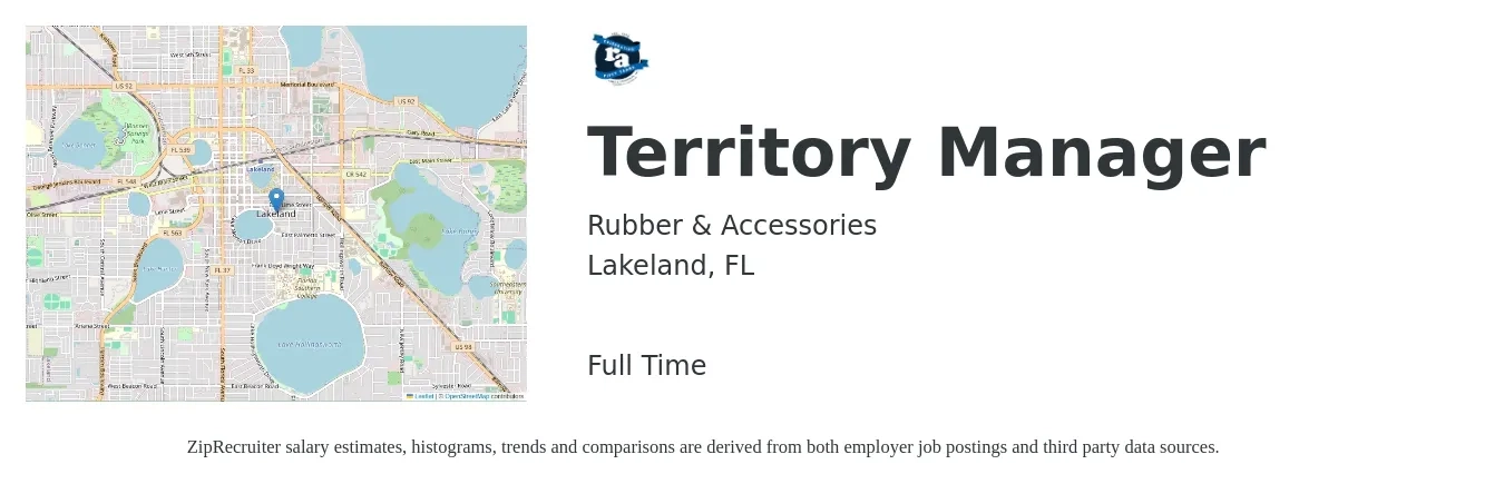 Rubber & Accessories job posting for a Territory Manager in Lakeland, FL with a salary of $69,800 to $103,700 Yearly with a map of Lakeland location.