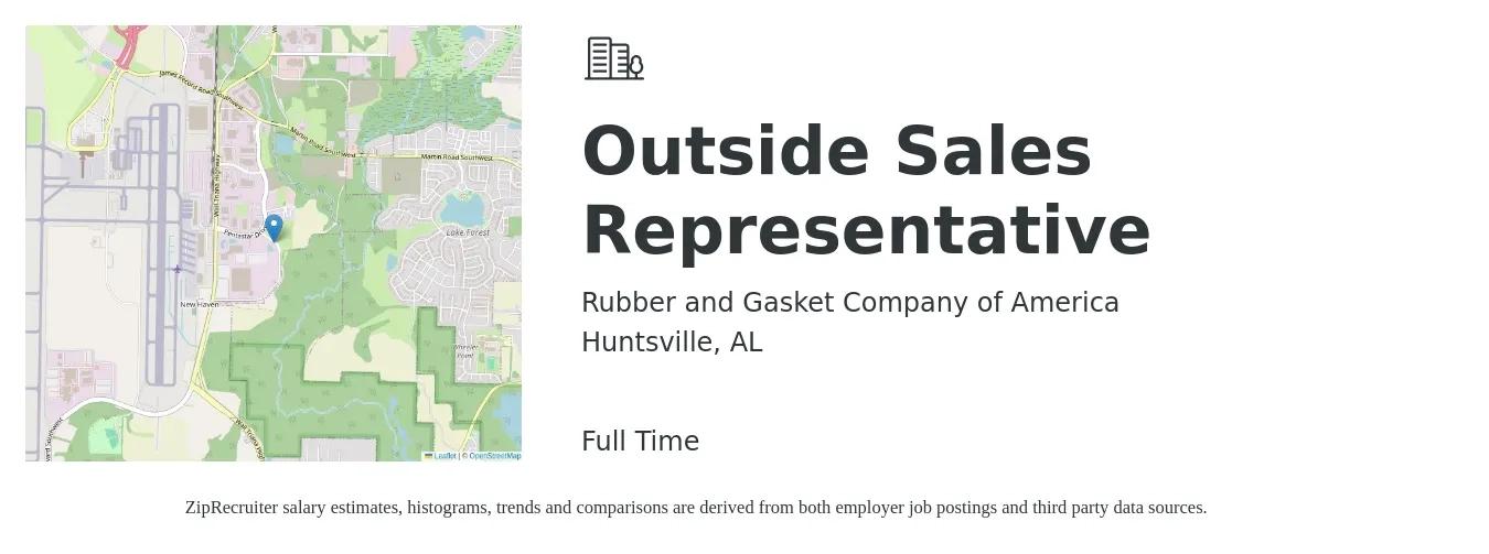 Rubber and Gasket Company of America job posting for a Outside Sales Representative in Huntsville, AL with a salary of $48,800 to $83,700 Yearly with a map of Huntsville location.
