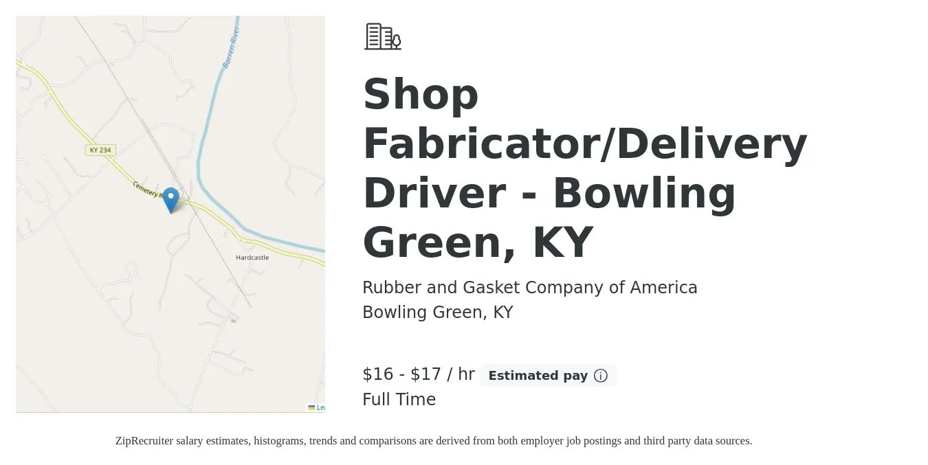 Rubber and Gasket Company of America job posting for a Shop Fabricator/Delivery Driver - Bowling Green, KY in Bowling Green, KY with a salary of $17 to $18 Hourly with a map of Bowling Green location.