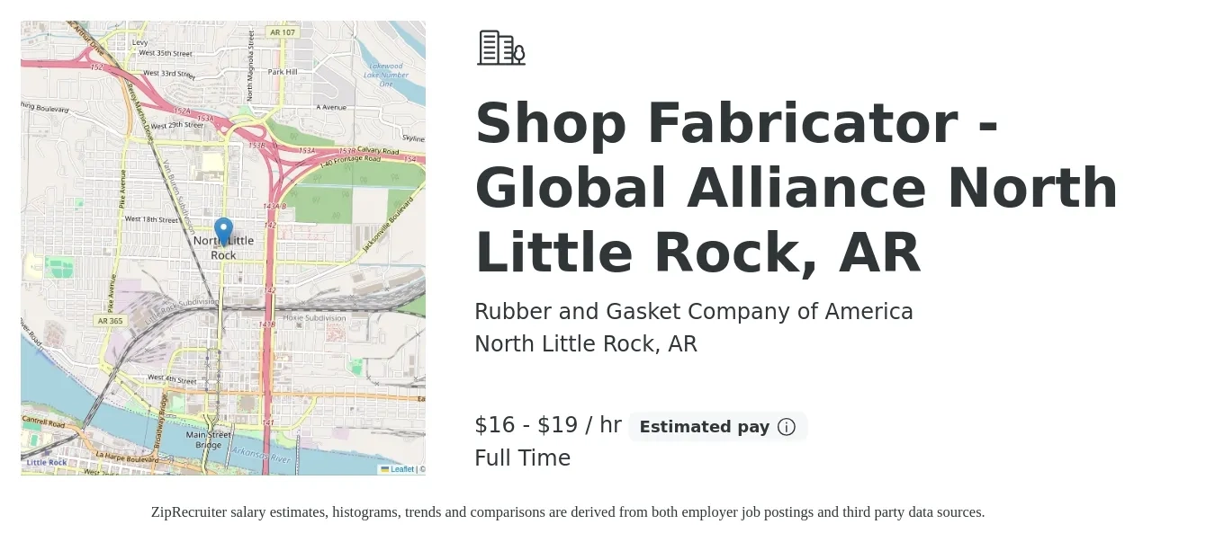 Rubber and Gasket Company of America job posting for a Shop Fabricator - Global Alliance North Little Rock, AR in North Little Rock, AR with a salary of $17 to $20 Hourly with a map of North Little Rock location.