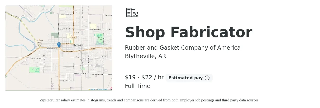 Rubber and Gasket Company of America job posting for a Shop Fabricator in Blytheville, AR with a salary of $20 to $23 Hourly with a map of Blytheville location.