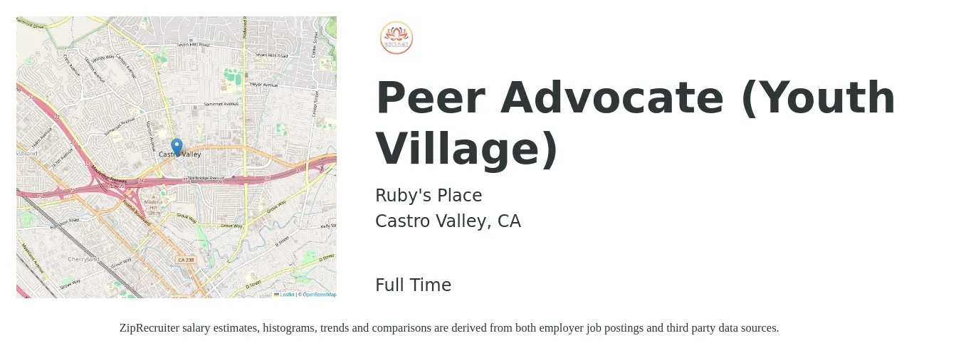 Ruby's Place job posting for a Peer Advocate (Youth Village) in Castro Valley, CA with a salary of $29 Hourly and benefits including dental, life_insurance, medical, pto, and vision with a map of Castro Valley location.