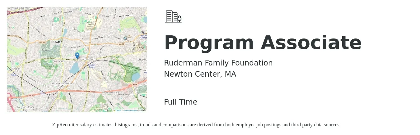 Ruderman Family Foundation job posting for a Program Associate in Newton Center, MA with a salary of $44,100 to $65,500 Yearly with a map of Newton Center location.