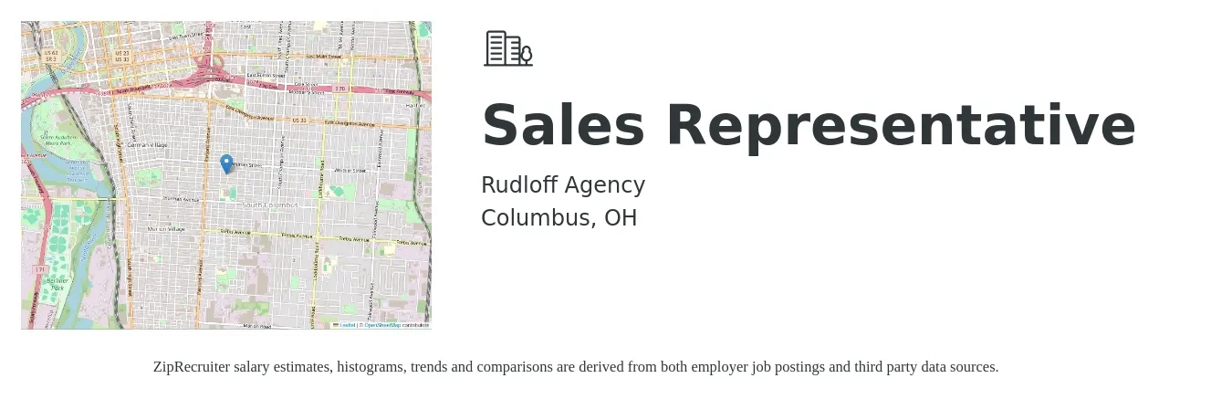 Rudloff Agency job posting for a Sales Representative in Columbus, OH with a salary of $600 Weekly with a map of Columbus location.