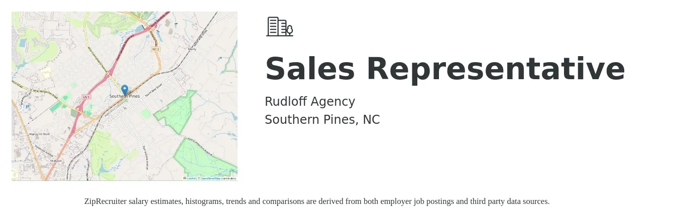 Rudloff Agency job posting for a Sales Representative in Southern Pines, NC with a salary of $600 Weekly with a map of Southern Pines location.