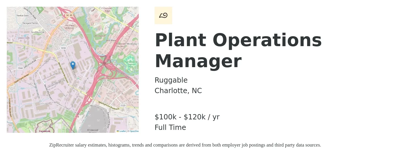 Ruggable job posting for a Plant Operations Manager in Charlotte, NC with a salary of $100,000 to $120,000 Yearly with a map of Charlotte location.