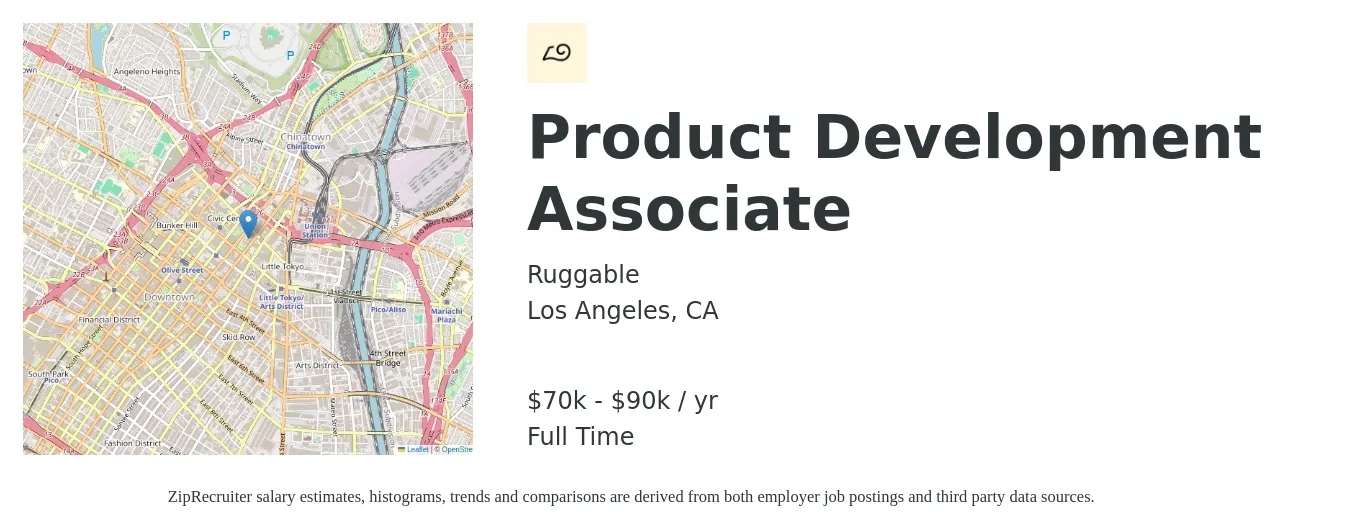 Ruggable job posting for a Product Development Associate in Los Angeles, CA with a salary of $70,000 to $90,000 Yearly with a map of Los Angeles location.