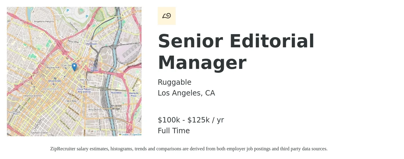 Ruggable job posting for a Senior Editorial Manager in Los Angeles, CA with a salary of $100,000 to $125,000 Yearly with a map of Los Angeles location.