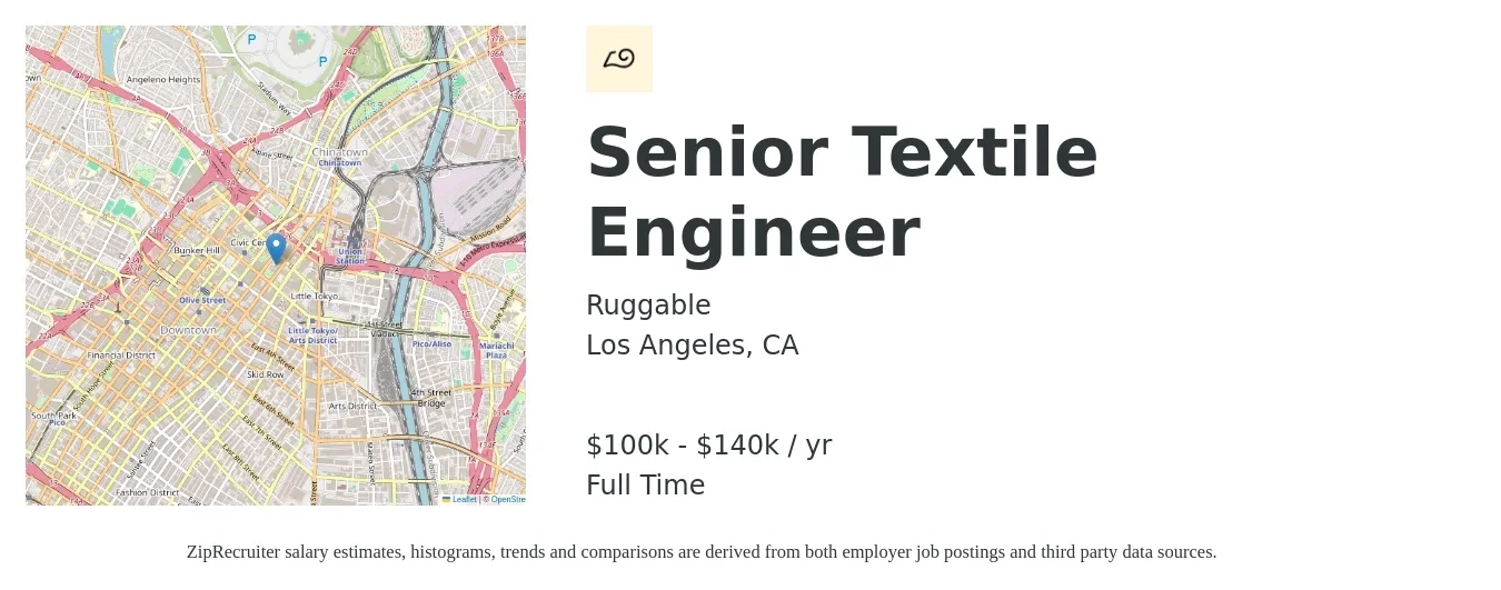 Ruggable job posting for a Senior Textile Engineer in Los Angeles, CA with a salary of $100,000 to $140,000 Yearly with a map of Los Angeles location.