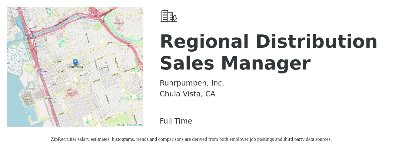 Ruhrpumpen, Inc. job posting for a Regional Distribution Sales Manager in Chula Vista, CA with a salary of $74,600 to $116,600 Yearly with a map of Chula Vista location.
