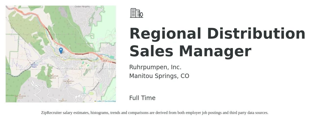 Ruhrpumpen, Inc. job posting for a Regional Distribution Sales Manager in Manitou Springs, CO with a salary of $68,400 to $106,900 Yearly with a map of Manitou Springs location.