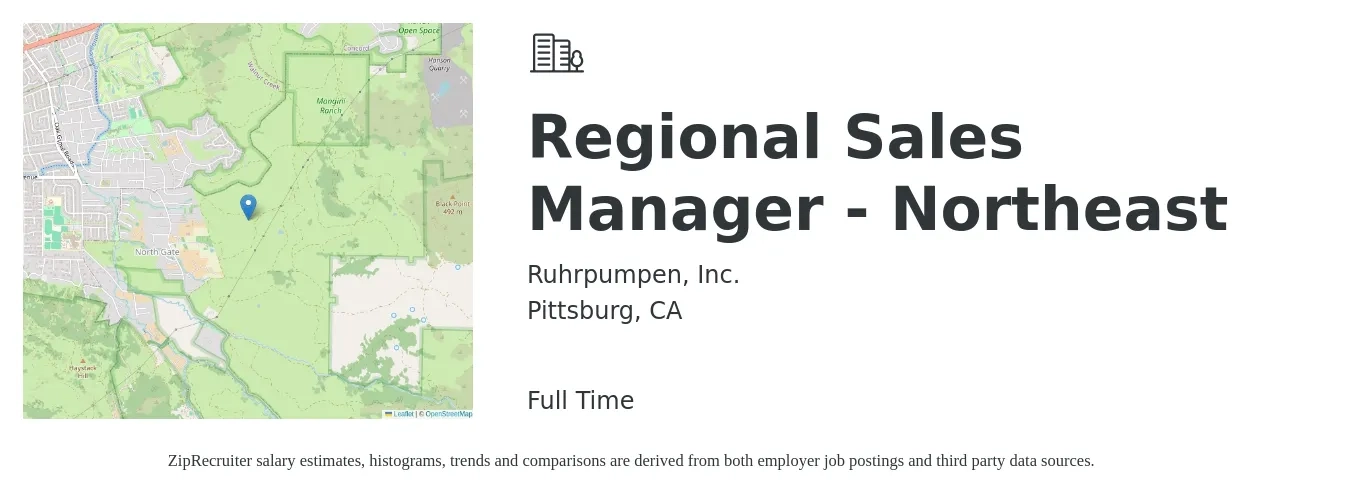 Ruhrpumpen, Inc. job posting for a Regional Sales Manager - Northeast in Pittsburg, CA with a salary of $85,000 to $132,900 Yearly with a map of Pittsburg location.
