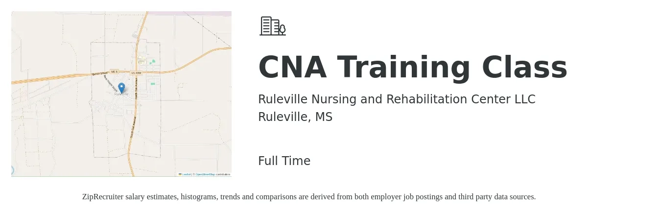 Ruleville Nursing and Rehabilitation Center, LLC job posting for a CNA Training Class in Ruleville, MS with a salary of $14 to $20 Hourly with a map of Ruleville location.