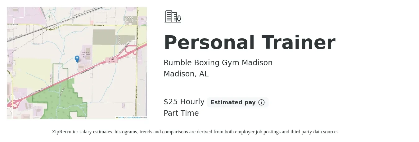 Rumble Boxing Gym Madison job posting for a Personal Trainer in Madison, AL with a salary of $26 Hourly with a map of Madison location.