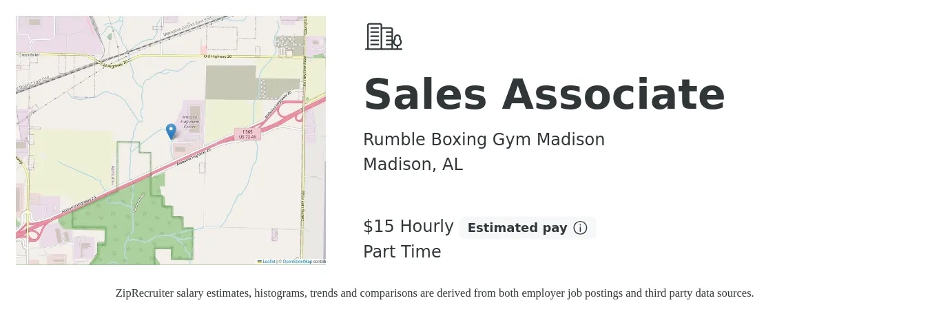 Rumble Boxing Gym Madison job posting for a Sales Associate in Madison, AL with a salary of $16 Hourly with a map of Madison location.