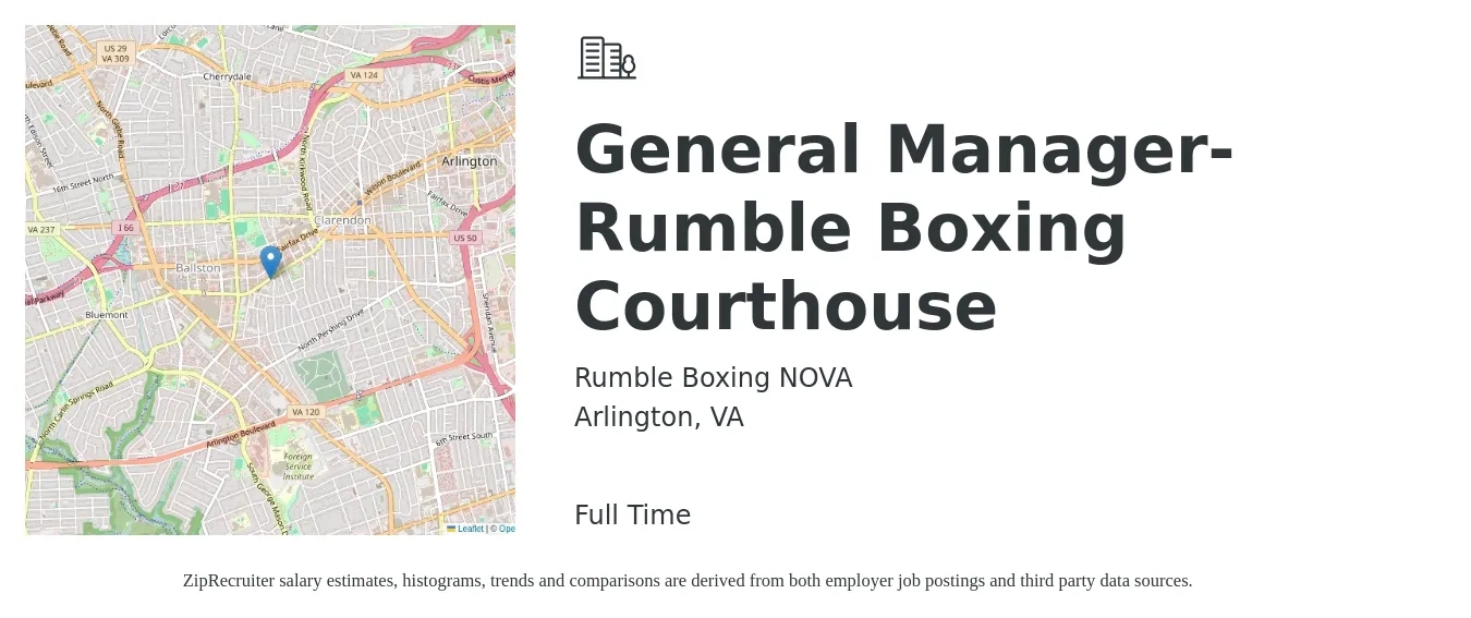 Rumble Boxing NOVA job posting for a General Manager- Rumble Boxing Courthouse in Arlington, VA with a salary of $57,000 to $85,300 Yearly with a map of Arlington location.