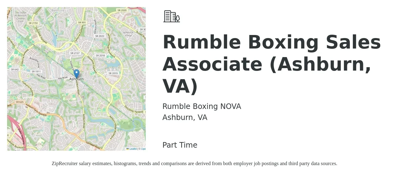 Rumble Boxing NOVA job posting for a Rumble Boxing Sales Associate (Ashburn, VA) in Ashburn, VA with a salary of $14 to $20 Hourly with a map of Ashburn location.