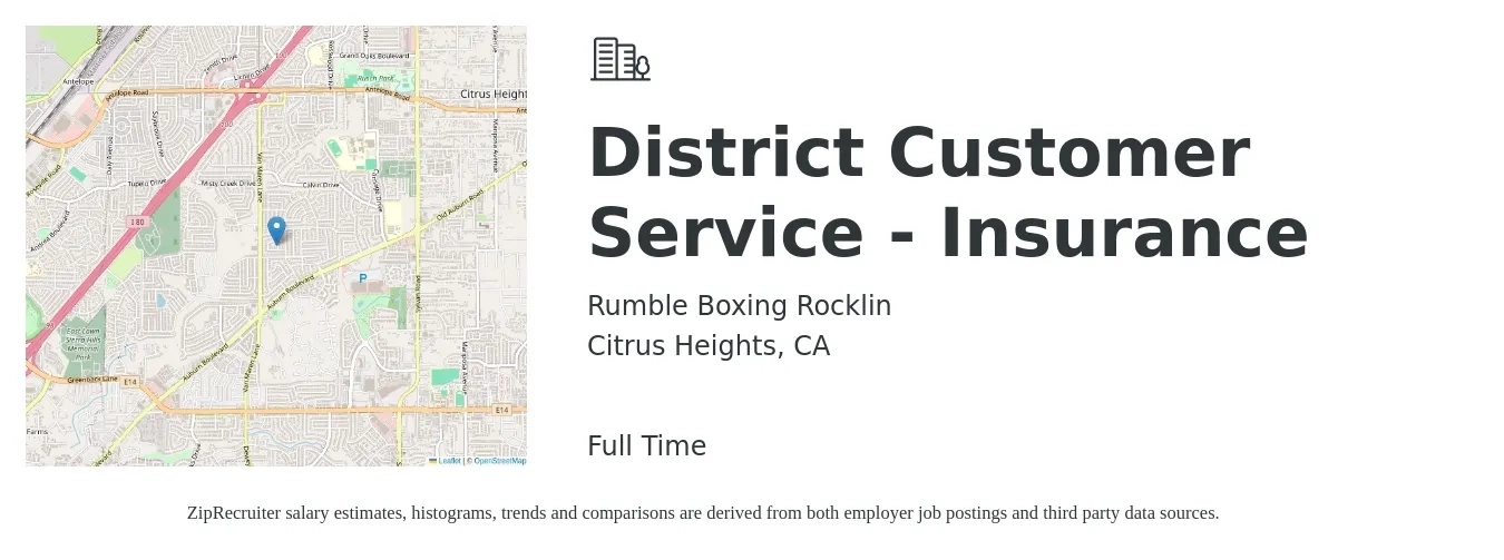 Rumble Boxing Rocklin job posting for a District Customer Service - Insurance in Citrus Heights, CA with a salary of $20 Hourly with a map of Citrus Heights location.