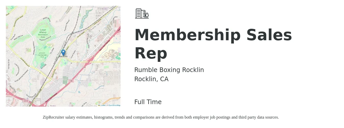 Rumble Boxing Rocklin job posting for a Membership Sales Rep in Rocklin, CA with a salary of $17 to $26 Hourly with a map of Rocklin location.